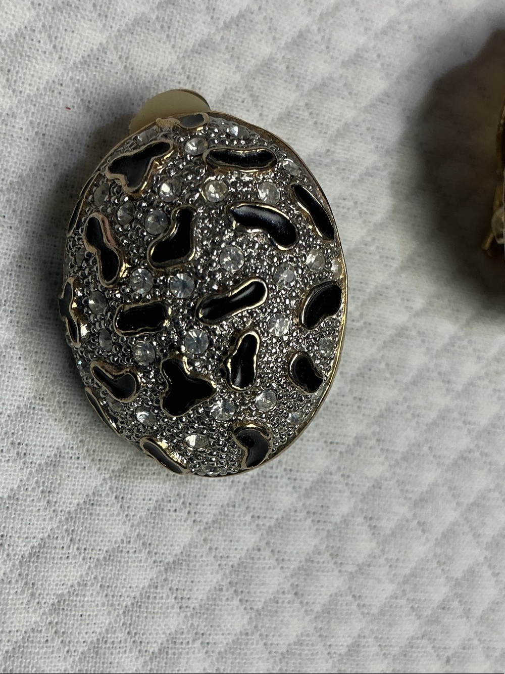 1980’s Gold-Tone Black Enamel Crystal Clip-On Earrings - Picture 2 of 4